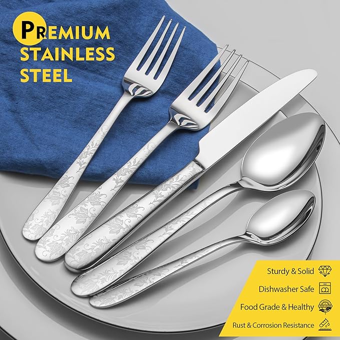 40 Piece Silverware Set, Service for 8, EIUBUIE Premium Stainless Steel Cutlery Set, Mirror Polished Flatware Sets with Pattern Handle, Modern Kitchen Eating Utensils Sets