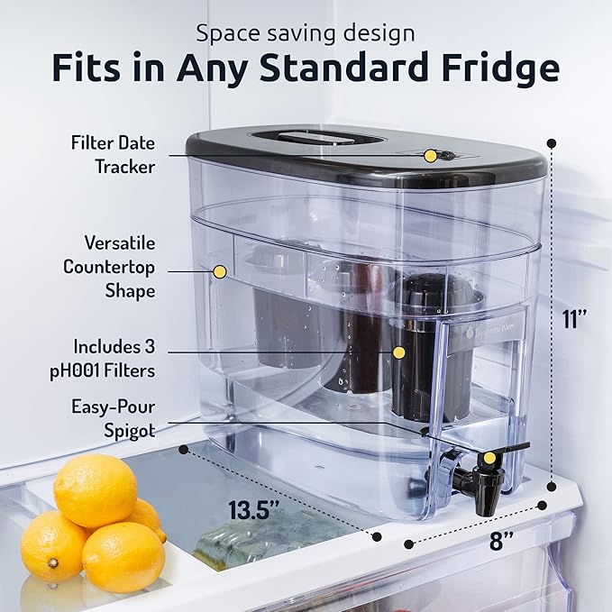 Invigorated Water - Alkaline Countertop Water Filter Dispenser, Large 52-Cup Capacity, Mineralized Alkaline Water, BPA-Free, 96 Gallons/Filter (Black, 3 Filters Included)