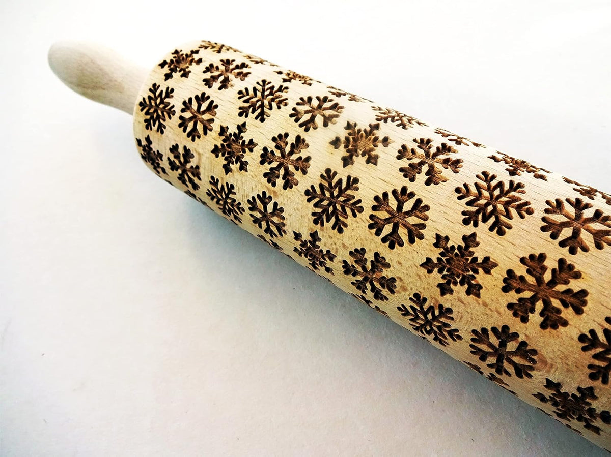 SNOWFLAKES Embossing Rolling Pin Laser Engraved Dough Roller for Christmas Gingerbread