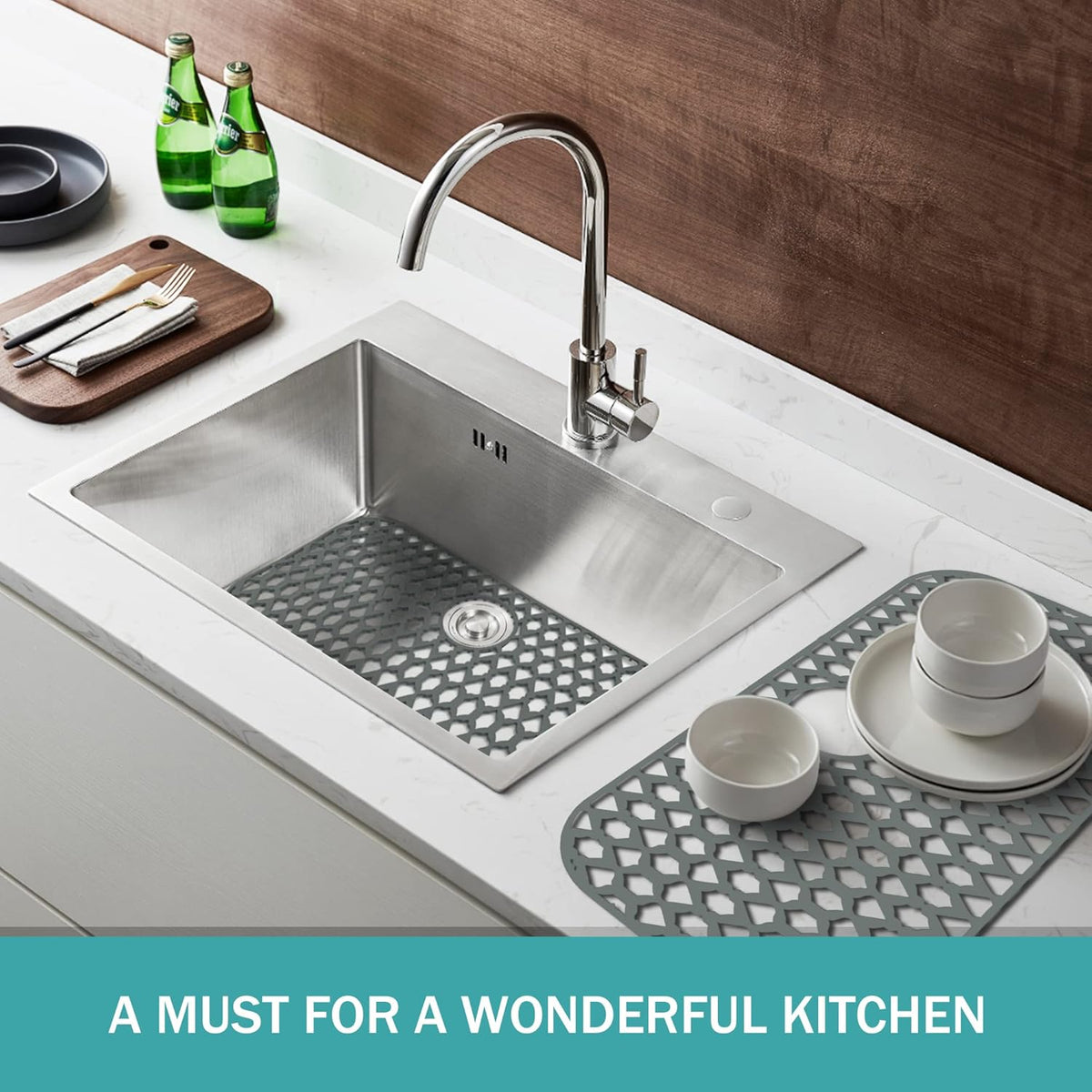 Sink Protectors for Kitchen Sink 19x14 & 21x16 & 26x14 & 28x14.4 & 30x16, Large Silicone Sink Mats Grid for Bottom of Farmhouse Stainless Steel Sink (30”x16”, Rear Drain)