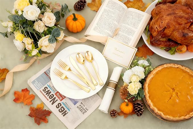Liacere 100Pack Pre Rolled Gold Silverware and Napkin-Disposable Gold Plastic Utensils-Wrapped Plastic Cutlery Set with Napkin:100 Forks,100 Knives,100 Spoons,100 Napkins for Wedding&Thanksgiving