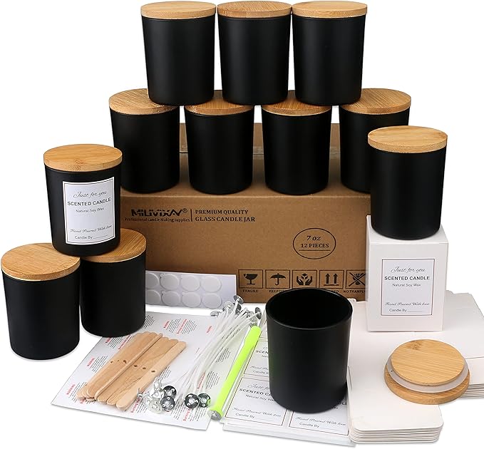 MILIVIXAY 12 Pack 7 OZ Black Matte Glass Candle Jars with Lids and Candle Making Kits - Bulk Empty Candle Jars for Making Candles - Spice, Powder Containers.