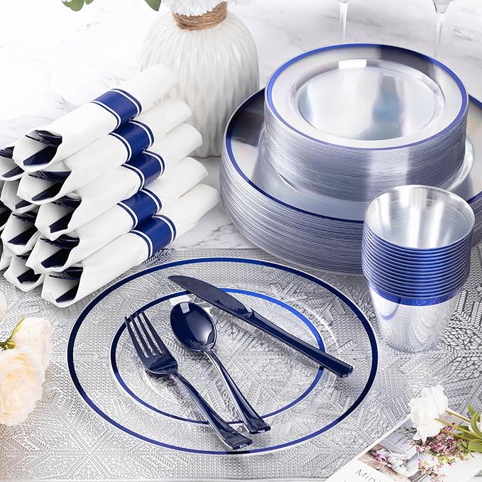 Goodluck 700 Piece Dark Blue Plastic Dinnerware Set for Party, Clear Disposable Plates for 100 Guests, Include: 100 Dinner Plates, 100 Dessert Plates, 100 Pre Rolled Napkins with Cutlery Set, 100 Cups