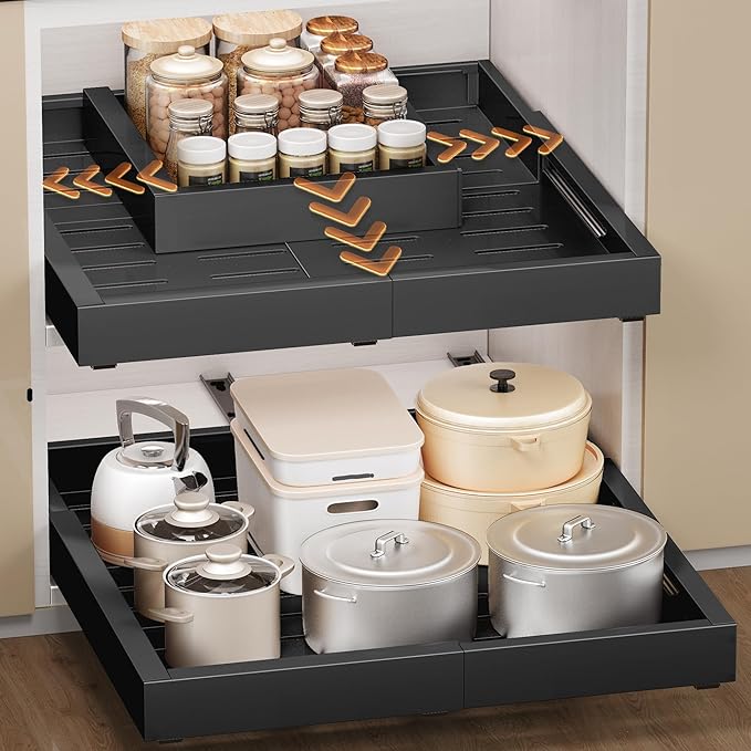 2 Pack Pull Out Cabinet Organizer, Drawers Slide Out Expandable Width (12"-19") and Depth (17"-23") With 3 Slides, Fixed with Adhesive Film and Nail for Cabinets in Kitchen, Pantry or Bathroom - Black
