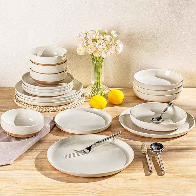 AmorArc Ceramic Dinnerware Sets with Pasta Bowls for 4, Handpainted Plates and Bowls Set with Rustic Terracotta Underside, Scratch Resistant Dishes Set, Dishwasher & Microwave Safe, 16 Pcs