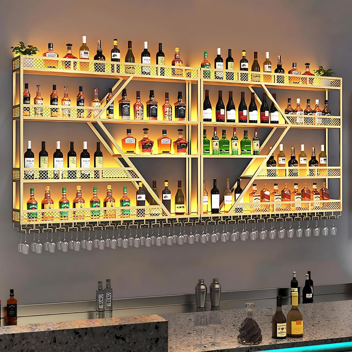 94.48in Metal Wine Rack Wall Mounted, Modern Wine Storage Rack Wall Mounted with Wine Glass Holder, Liquor Shelf, Bar Shelves for Liquor Bottles (4 Tiers Gold, 94.48 * 7.87 * 33.85INCH)