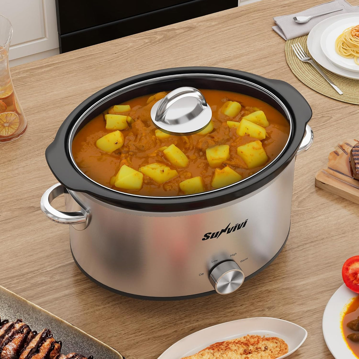 Sunvivi Small Slow Cooker 4QT, Mini Food Warmer with 3 Heating Settings, Removable Ceramic Pot, Dishwasher Safe Glass Lid, Stainless Steel, Silver