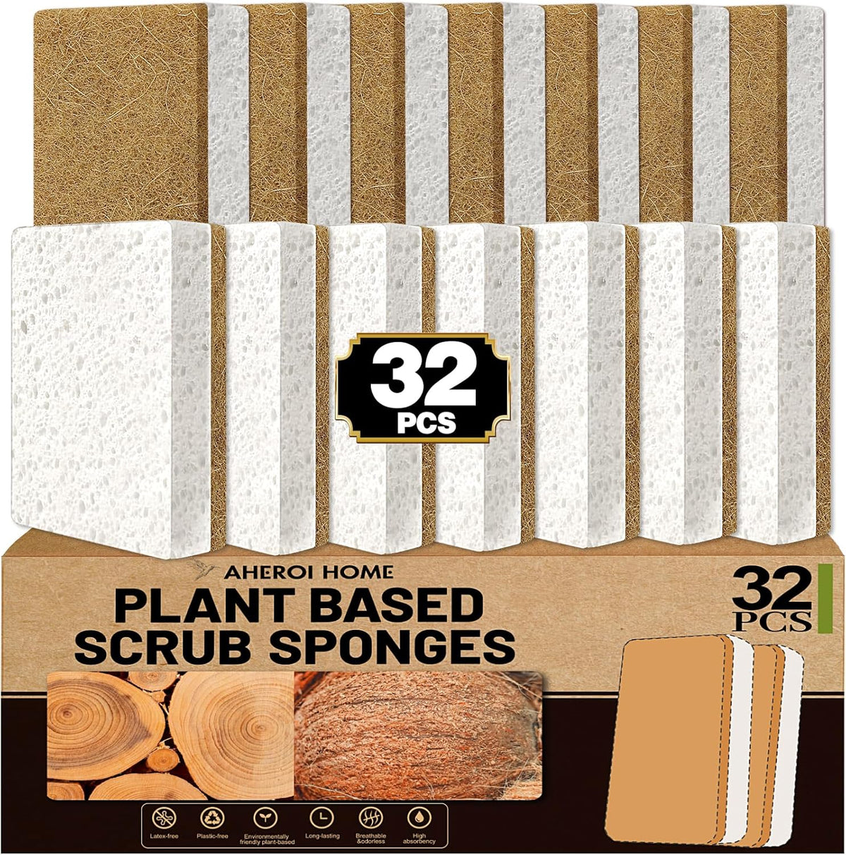 Aheroi Natural Dish Sponge, 32 Count Plant-Based Biodegradable Compostable Kitchen Sponges for Dishes Bulk, Organic Eco Friendly Cleaning Sponge for Bathroom, Household, Non Scratch Non Toxic