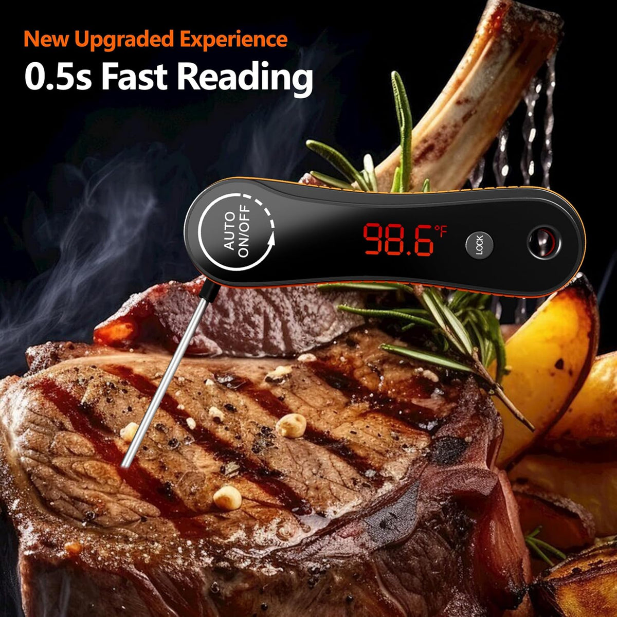Digital Meat Thermometer, Paysean 0.5 Sec Instant Read ±0.5℉ with Auto-Rotating Backlit Display, IP67 Waterproof and Calibration for Cooking, Candy, Grilling, BBQ, Liquid, Smoker, Beef