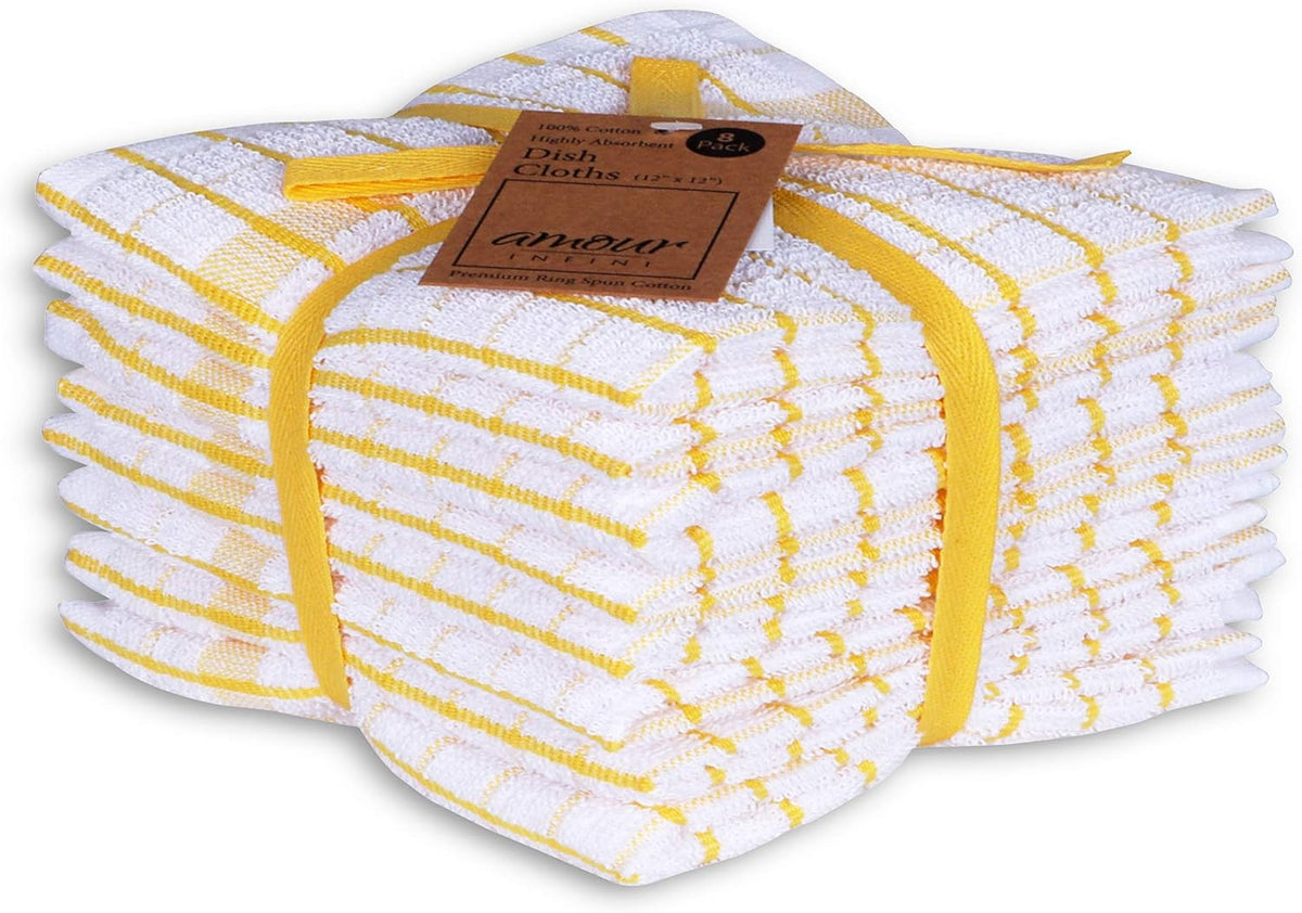 AMOUR INFINI Kitchen Dish Cloths Set of 8 - Ultra Soft, Highly Absorbent, Quick-Drying Terry Cotton Dishcloths 12"x12" Inch Wash & Cleaning Cloths for Kitchen & Dishwashing (Yellow)