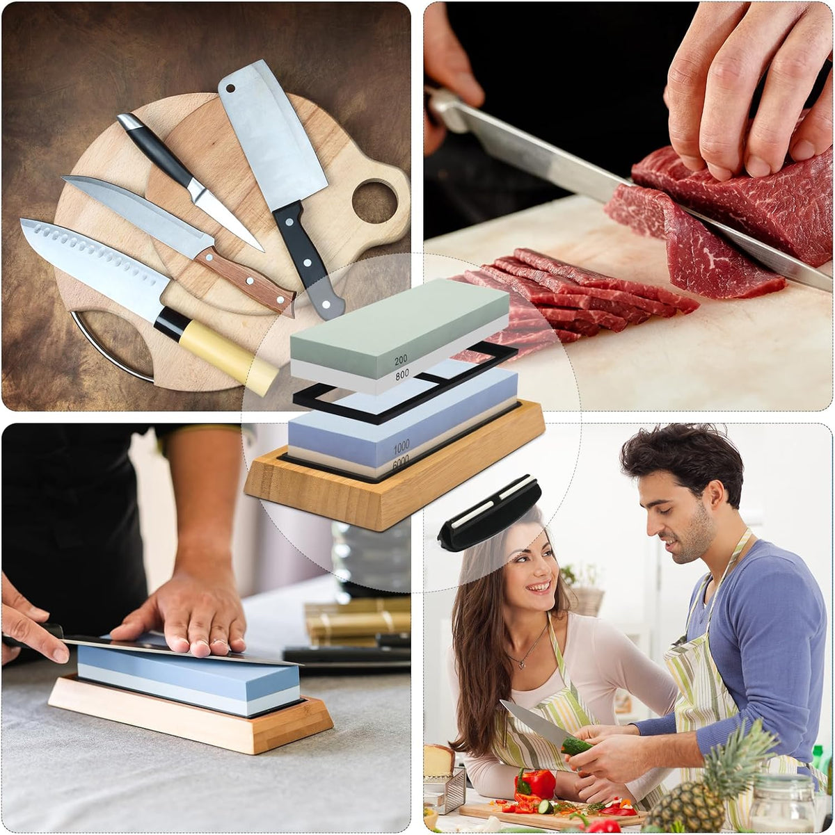 Whetstone Knife Sharpening Stone Kit: Double Straight Chef Sharpener Set - 200/800 1000/6000 Coarse Fine Grit kitchen Professional 2 Sided Honing Wet Stones Slip-Resistant Bamboo Base and Angle Guide