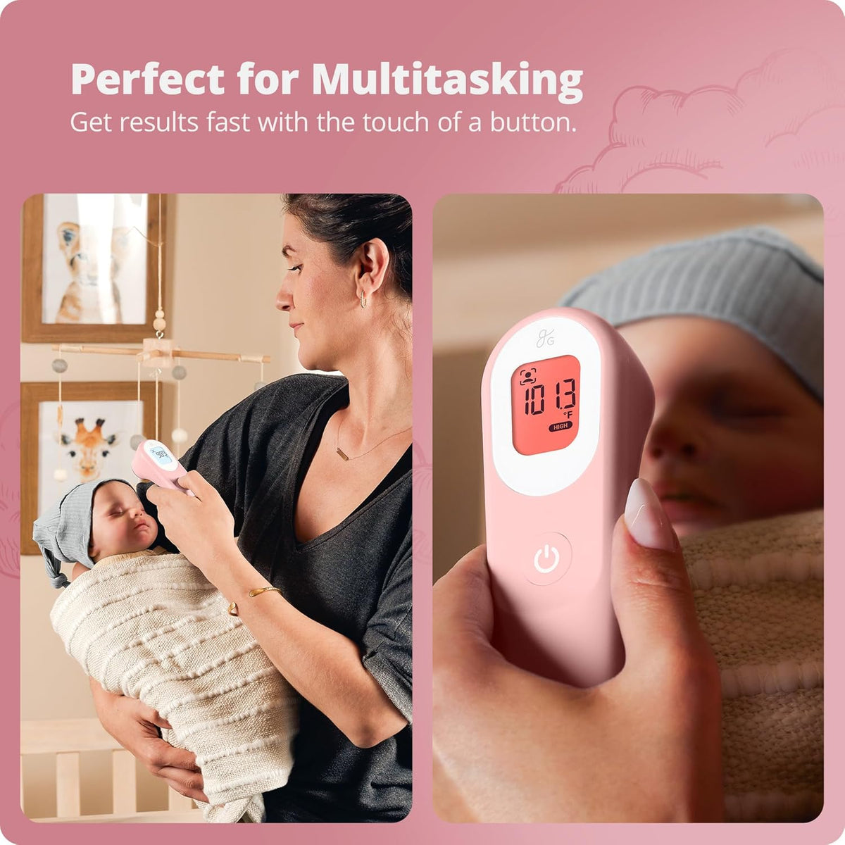 Greater Goods No-Touch Infrared Digital Thermometer for Adults, Kids, and Babies, Forehead Thermometer with Ergonomic Grip, Fever Alarm, HSA FSA Eligible, Blush Pink