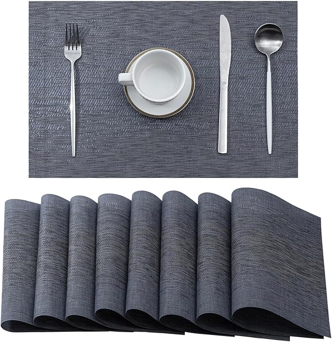 Leetaltree Denim Blue Placemats Set of 8 - Heat Resistant Non-Slip Place mats for Dining Table, Washable Durable PVC Vinyl Woven Table Mats（Denim Blue, 8）
