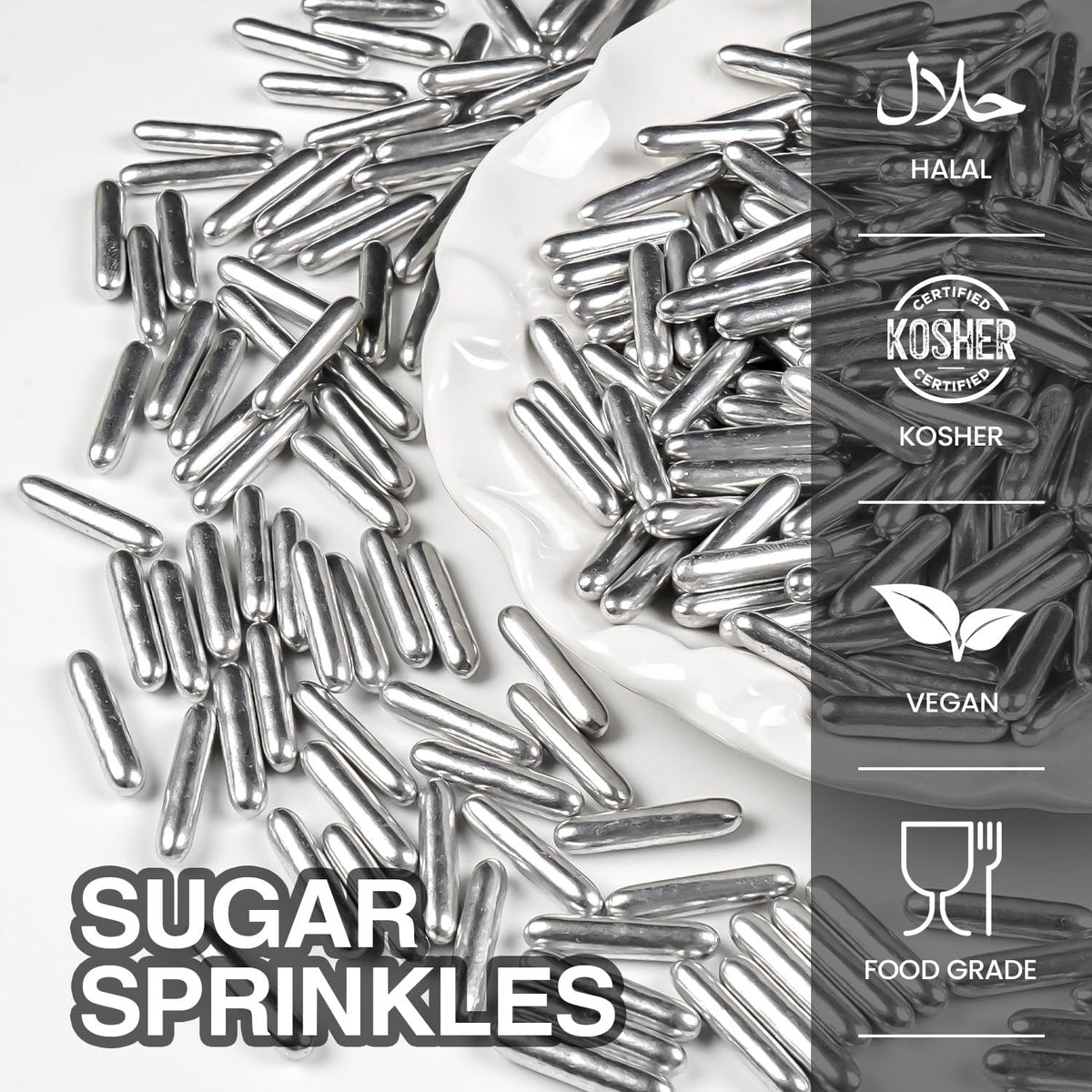 Silver Rods Sprinkles, Sugar Sprinkles For Cake Decorating, 150g/5.29oz, Food Grade, Ice Cream Decoration, Cupcake Toppers, Donuts, Cookies, Holiday, Birthday Party, Christmas Supplies