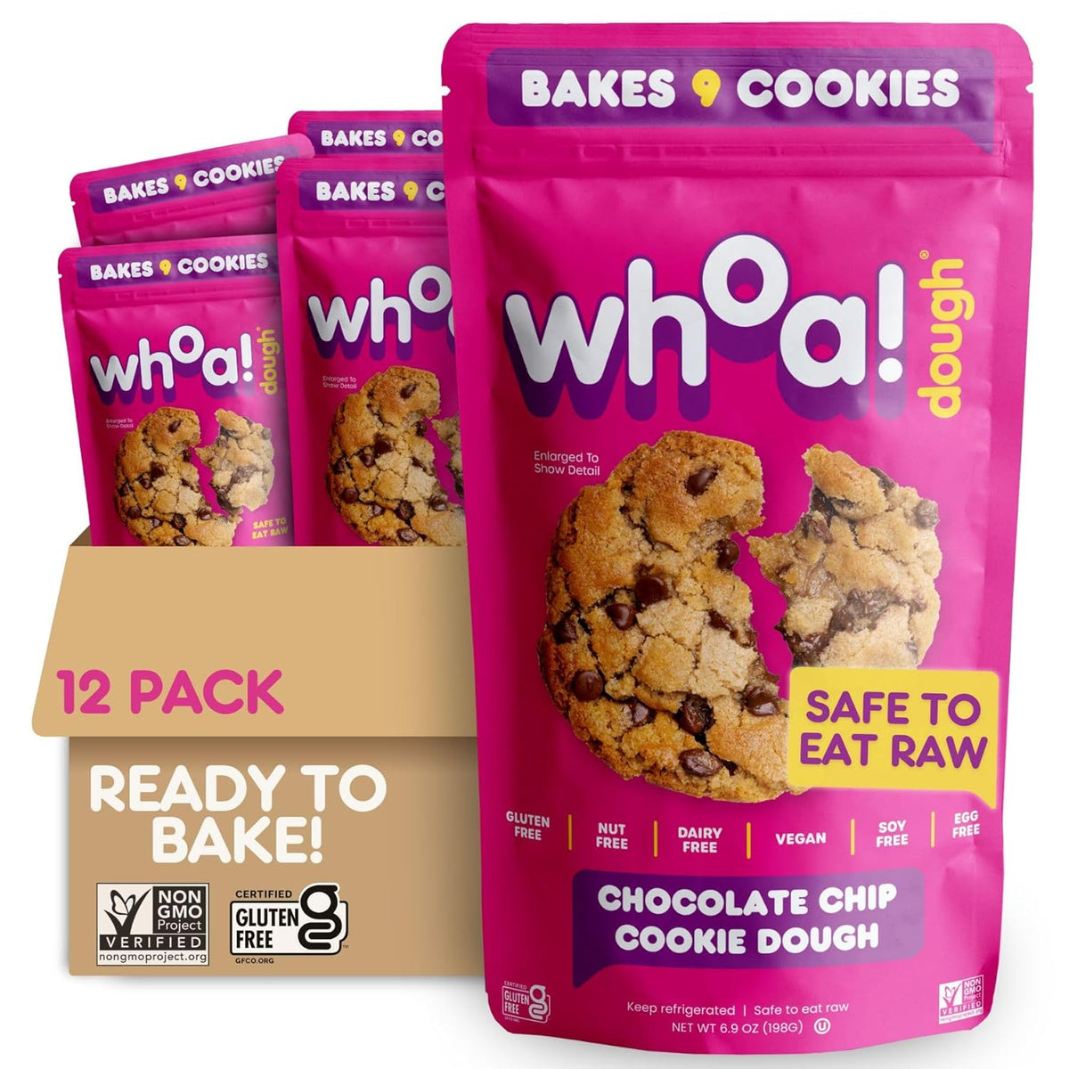 Whoa Dough Ready to Bake Cookie Dough Chocolate Chip – Certified Non-GMO, Kosher, Gluten Free – Plant-Based Snack Dough Made with Real Ingredients – 12 Pack