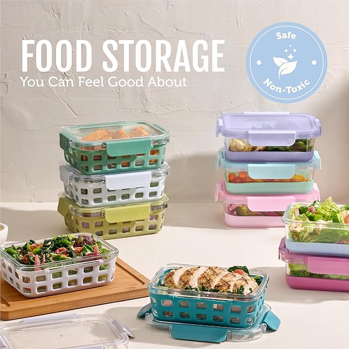 Ello Duraglass 3.4 Cup Meal Prep Sets 10Pc, 5 Pack Set- Glass Food Storage Container with Silicone Sleeve and Airtight BPA-Free Plastic Lids, Dishwasher, Microwave, and Freezer Safe, Halogen Blue
