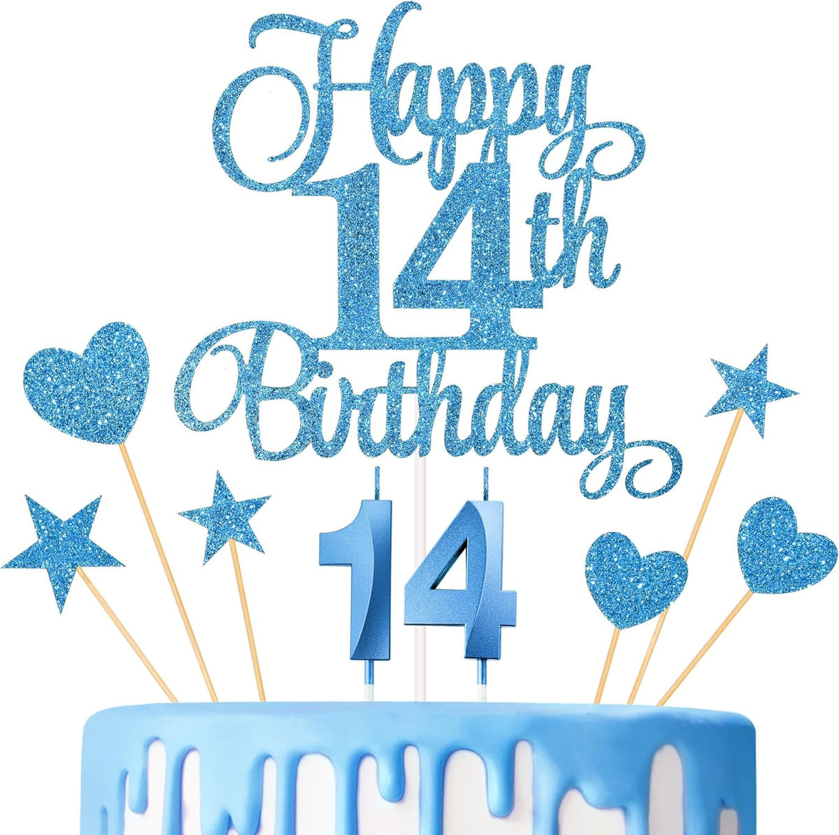 14th Birthday Cake Decorations, 14th Birthday Candles Cake Numeral Candles and Glitter Happy 14th Birthday Cake Toppers Set for Birthday Party Supplies (Blue)