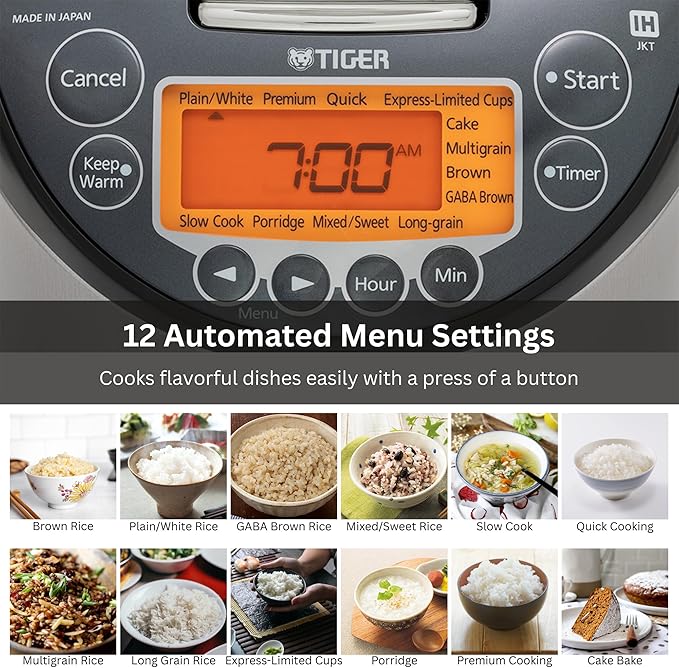 Tiger Corporation JKT-D18U 10-Cup Capacity Induction Heating Electric Rice Cooker with 12 Menu Setting, 24-Hour Keep Warm Setting, Spatula and Measuring Cup (Black and Stainless Steel)