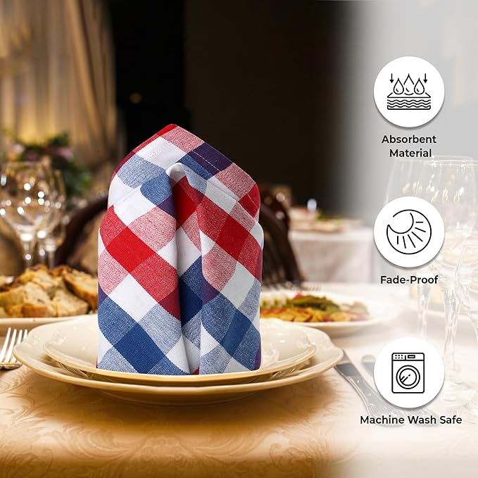 Urban Villa July 4th Cloth Napkins Red/Blue/White Dinner Napkins 100% Cotton (Set of 12) 20x20 Inches Buffalo Checks Highly Absorbent Soft Durable Reusable & Washable Table Dinner Napkins