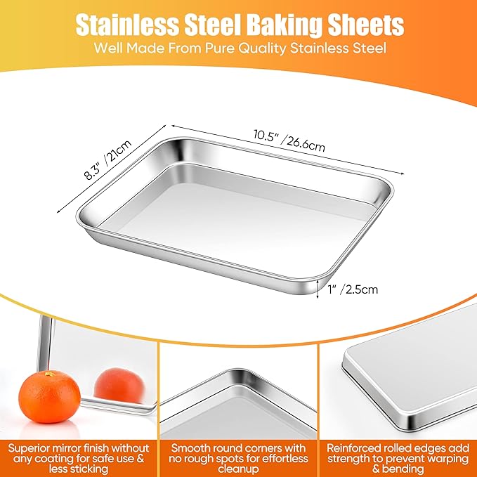 Homikit 2 Pack Baking Sheet, 10 x 8 Inch Stainless Steel Cookie Tray Set for Cooking Toasting, Small Metal Toaster Oven Baking Pan Non Stick, Rustproof & Mirror Finish, Dishwasher Safe