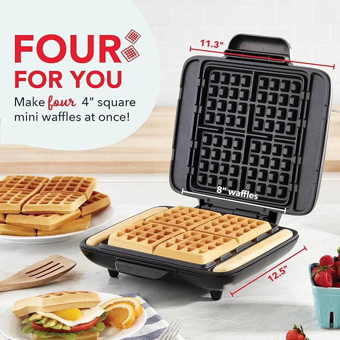 Dash No-Drip Waffle Maker - Makes Four Waffles at Once for Hassle-Free Breakfasts - Dual Nonstick Heating Plates & Quick Heat-Up System - Easy-Release Surface - Silver