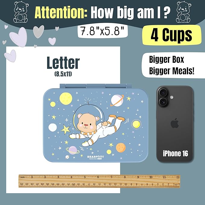 Kids Lunch Box with Compartments – Compact & Lightweight | Leak-Proof, BPA-Free, Dishwasher & Microwave Safe | Hand-Drawn Design for Preschool, School, Travel (Astro Bear Blue, 4 Cups)