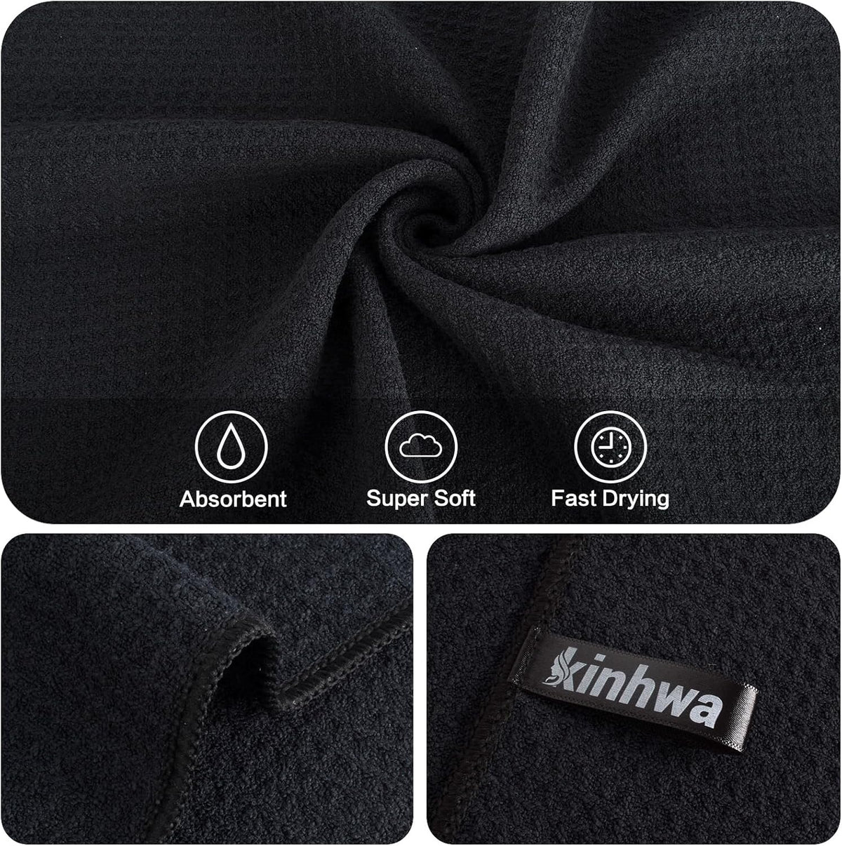 KinHwa Kitchen Washcloths for Dishes Absorbent Microfiber Dish Cloths Quick Dry Dish Rags with Poly Scour Scrub Side Ideal for Kitchen Cleaning (Black-T, 15inchx27inch 6 Pack)