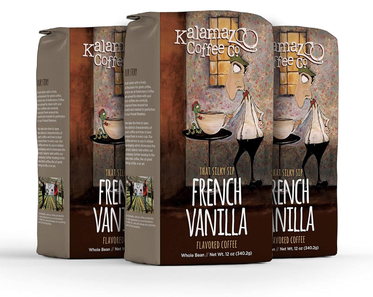 KALAMAZOO COFFEE COMPANY French Vanilla Whole Bean Coffee - That Silky Sip Flavored Coffee | 12oz Bag (3 Pack)