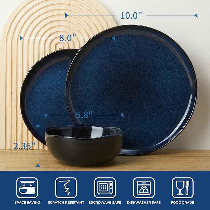 24 Piece Ceramic Dinnerware Sets for 8, Starry Blue Reactive Glaze | Unique Coastal Edge for Holiday Gatherings, Thanksgiving, Dinner Parties | Microwave & Dishwasher Safe Stoneware Dish Set