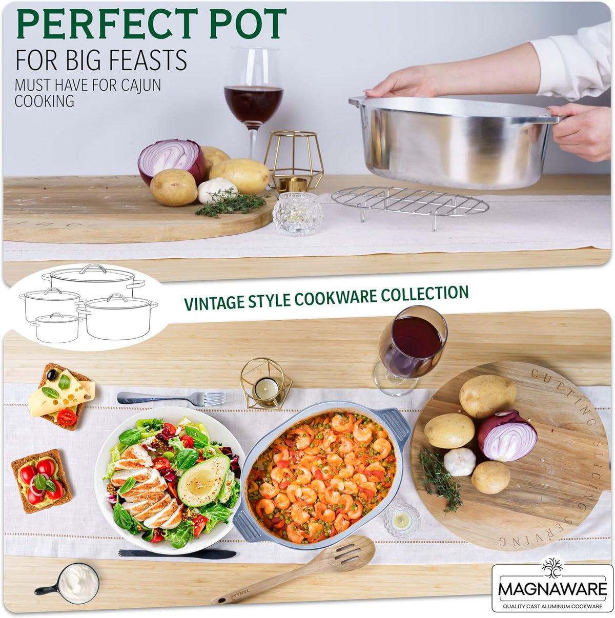 Cast Aluminum Oval Dutch Oven with Lid — 5 QT Heavy Duty Roaster Pan with Rack & Silicone Cover Dual Handles — Cajun Cookware for Roasting, Baking, Cooking (11" Small)