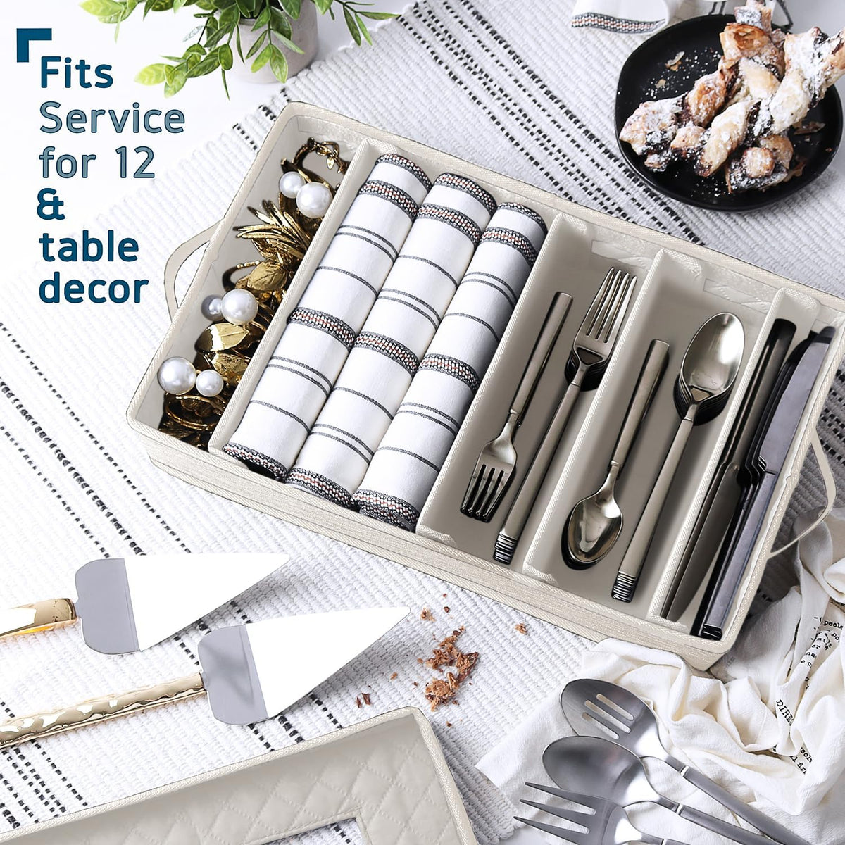 Flatware & Utensil Storage, Durable Silverware Storage Box with Padded Dividers, 5 Compartment Flatware Storage Case, Silverware Case with Handles, Protects and Organizes Cutlery, Cream