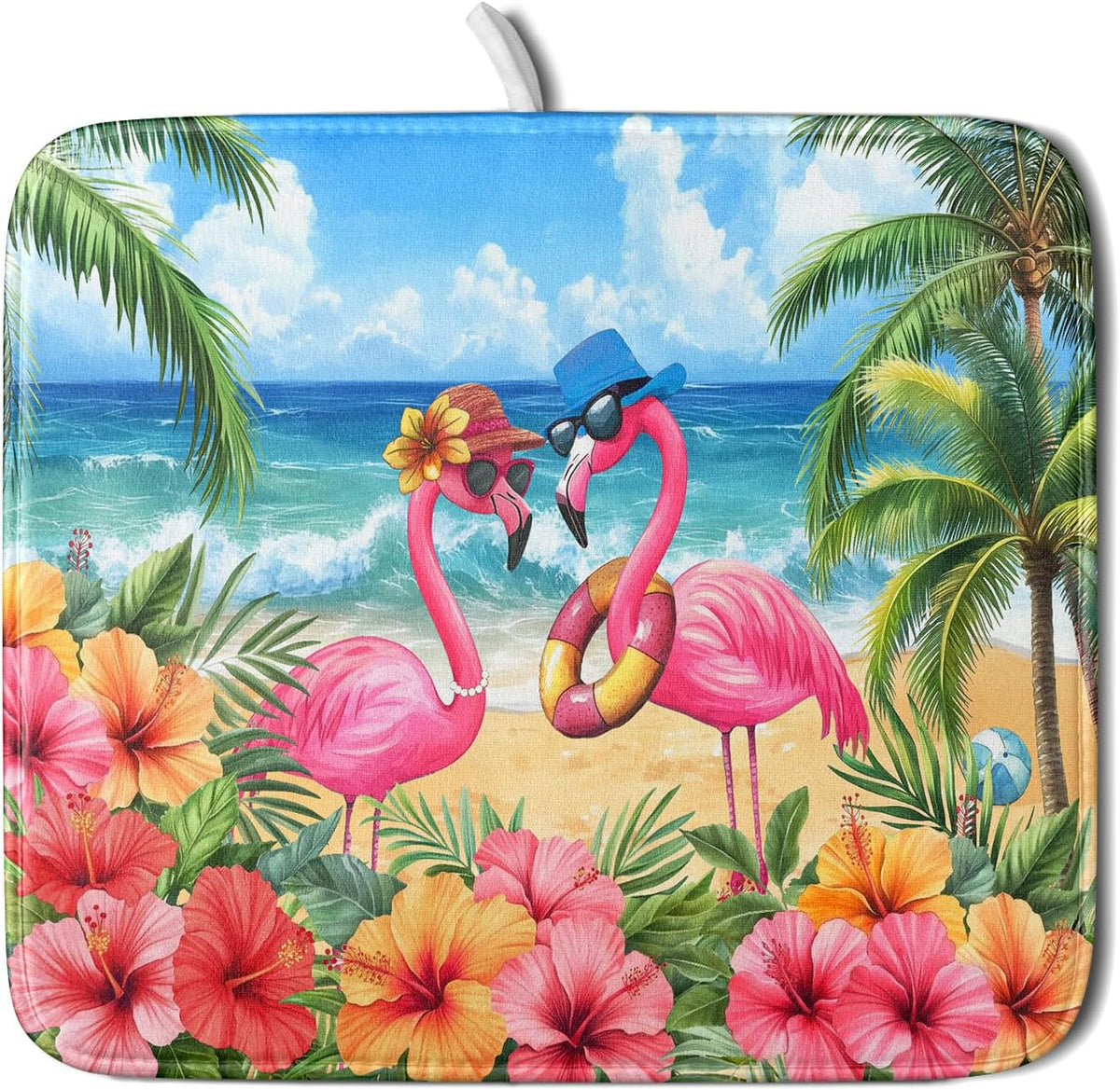 Summer Flamingos Dish Drying Mat 16x18 inch Tropical Beach Microfiber Washable Dish Rack Mats Drainer Pad for Counter Kitchen Table Decor