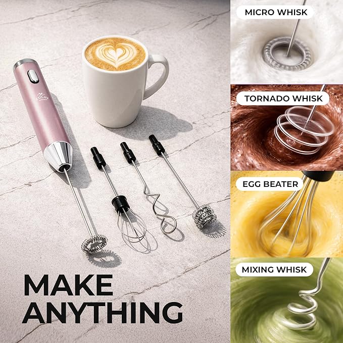Zulay Kitchen Metal Rechargeable Milk Frother, 3 Whisk Attachments Handheld Frother Wand, 1800mAh USB-C Charging, Electric Drink Mixer for Protein, Matcha & Powders - One Charge Lasts up to 6 Months