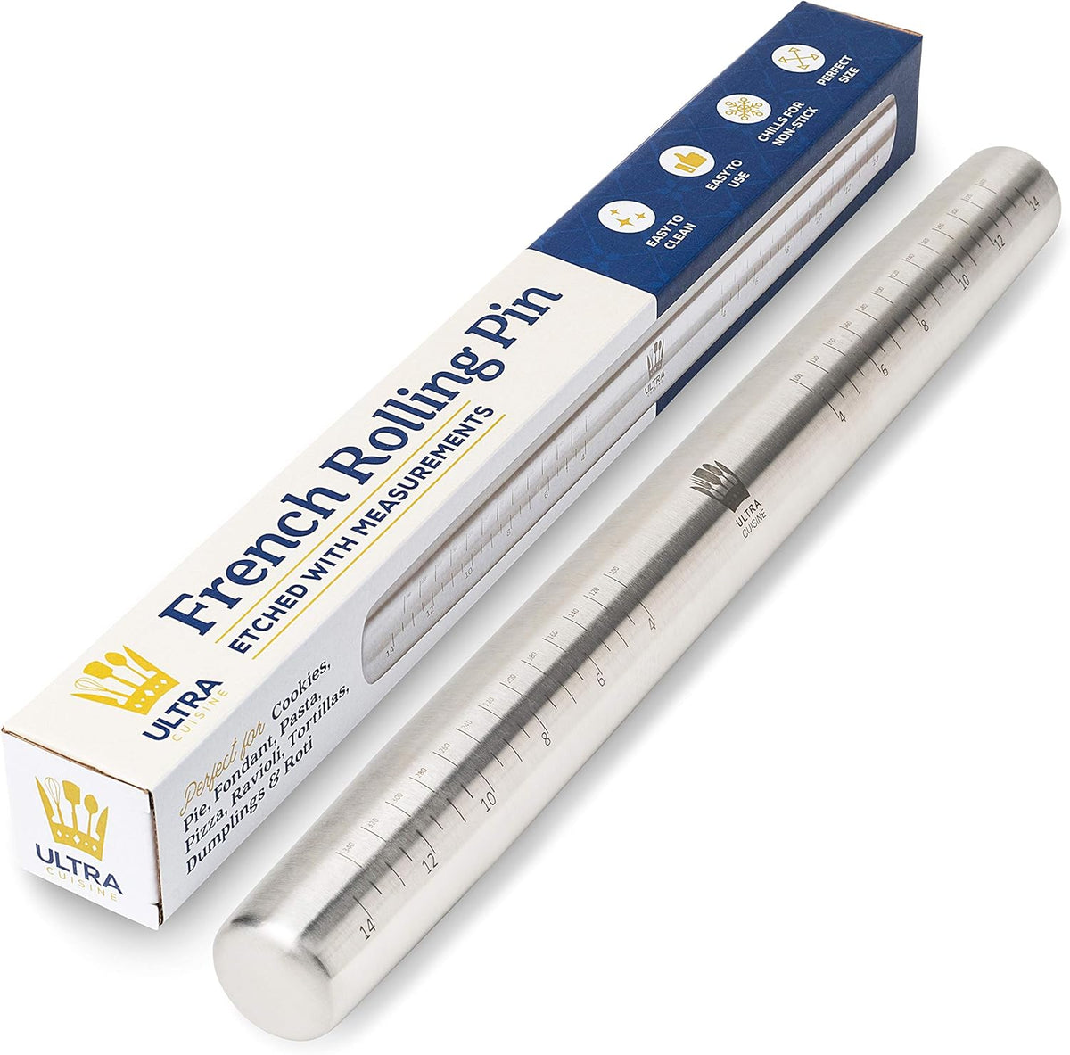 Ultra Cuisine French Rolling Pin for Baking – Tapered Stainless Steel Design with Measurements, Professional or Home Use with Pizza, Cookie, & Pastry Dough, or Fondant and Pie Crust – Dishwasher-Safe