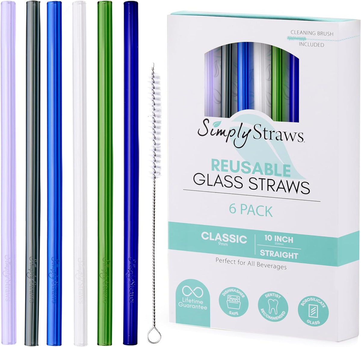 Simply Straws 10 Inch Glass Straws Straight (6-Pack) – Reusable Glass Straws for 24 Oz Mason Jars & Tumblers, with Cleaning Brush – Durable, Dishwasher Safe, Hot & Cold Use, BPA-Free (Seaglass)