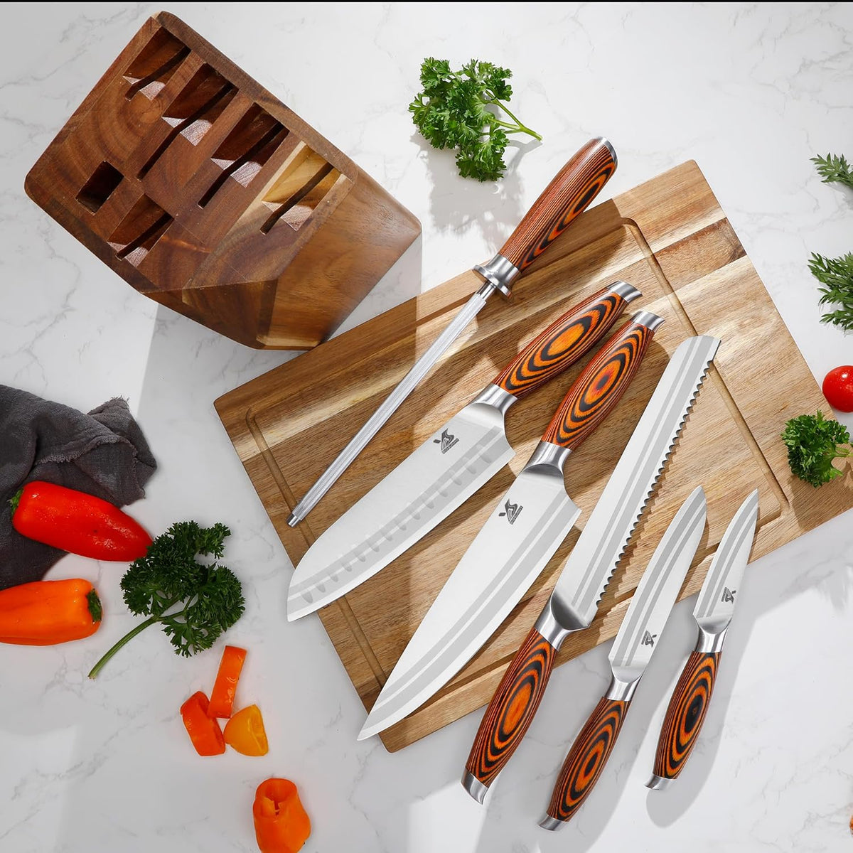 MSY BIGSUNNY 7pcs Knife Block Set, German Steel Chef Knife Set, Precious Pakkawood Handle for Kitchen Knife Block Set