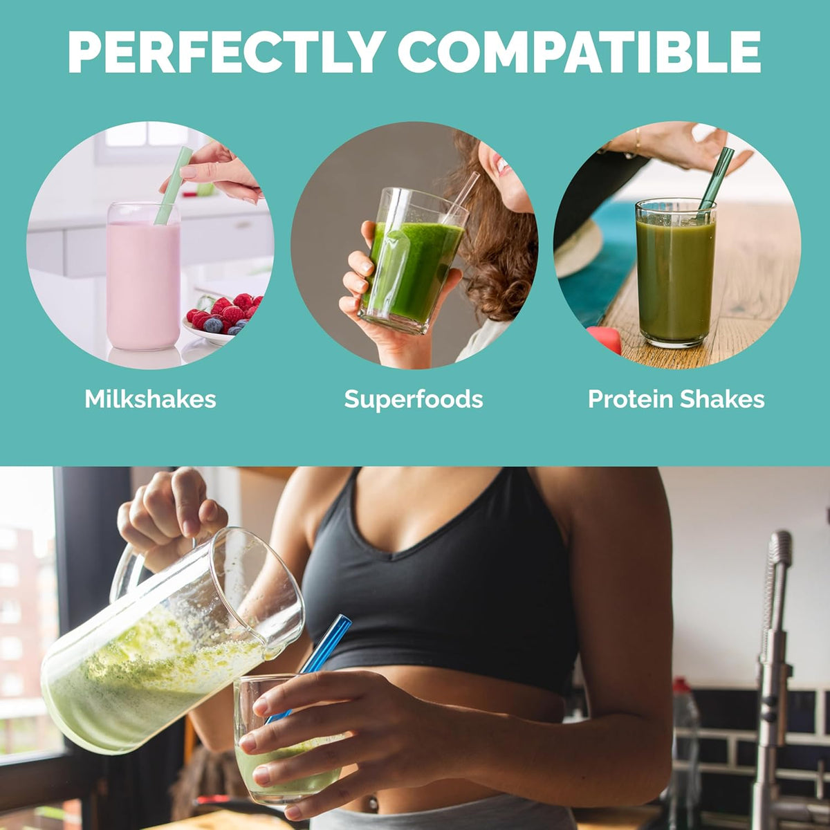 Simply Straws 8 Inch Wide Glass Straws (6-Pack) - 12mm Reusable Boba Straws for Milkshakes & Smoothies, with Cleaning Brush - Dishwasher Safe, Hot & Cold Use, BPA-Free (Fjord Mist)