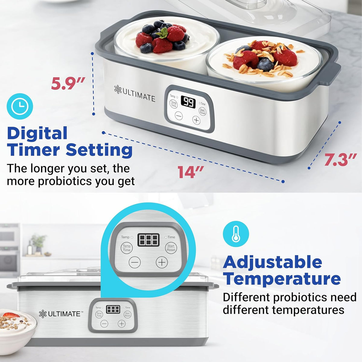 Ultimate Probiotic Yogurt Maker with Adjustable Time & Temp Control - Make Trillions of Live Probiotics with Two 1-Quart Containers for Larger Batches - Greek Yogurt Maker - ULTIMATE LIFETIME WARRANTY