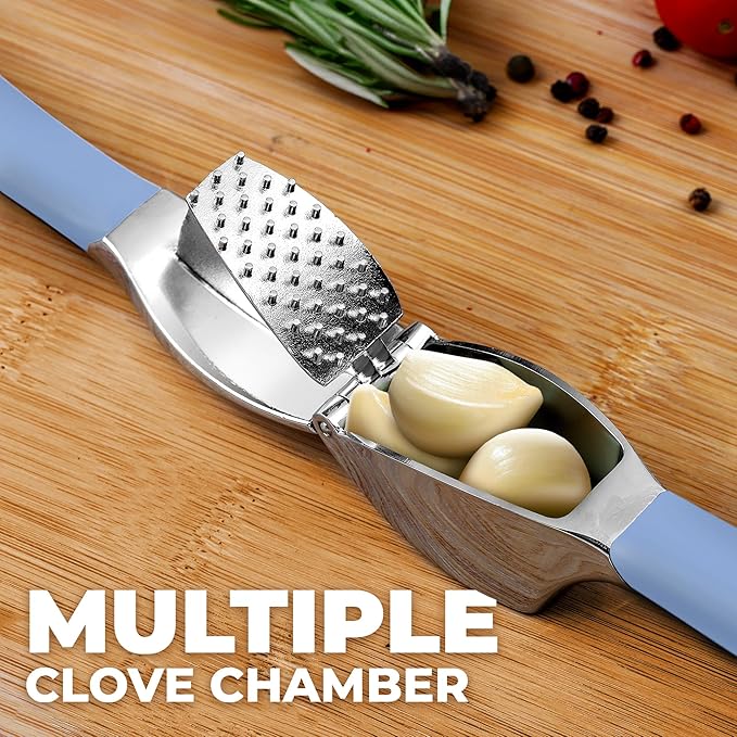 Zulay Kitchen Comfort Grip Garlic Press - Garlic Mincer Tool - Garlic Crusher - Garlic Press Mincer Rust Proof, with Soft Ergonomic Handle, Easy Clean Set with Peeler and Brush - Baby Blue