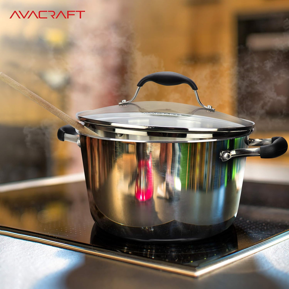 AVACRAFT 18/10 Tri-Ply Stainless Steel Dutch Oven, Chef’s Pan with Glass Lid, Induction Compatible, Multipurpose Stock Pot, 5 Quart