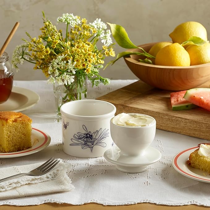 Butter Bell - The Original Butter Bell crock by L Tremain, a Countertop French Ceramic Butter Dish Keeper with Lid for Spreadable Butter, Farmhouse Collection, Honey Bees, Blue & White