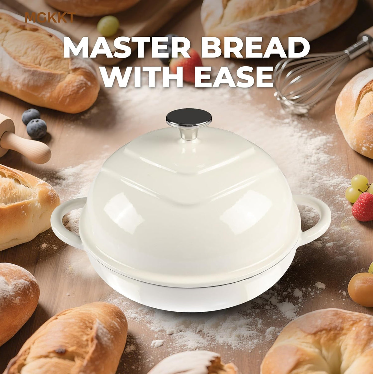 MGKKT Enameled Cast Iron Dutch Oven Pot for Sourdough Bread Baking, 5 Quart Non Stick Cloche Homemade Bread Oven with Lid, Baking Gifts, Alpine Oat White