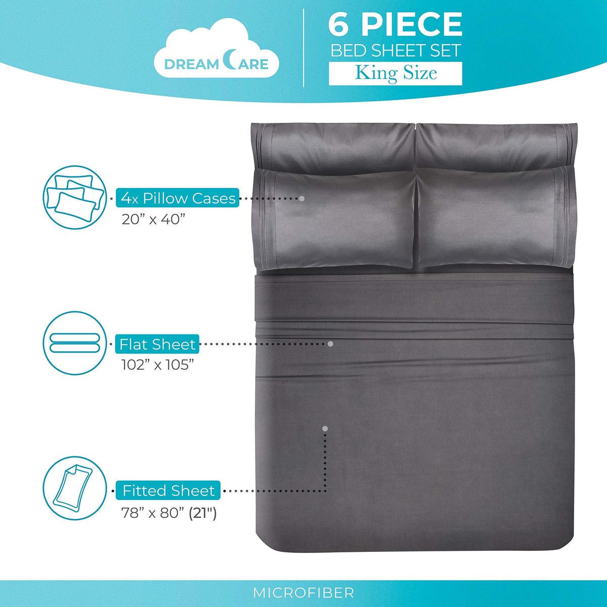 DREAMCARE King Size Sheets Set - 6 pcs Breathable Cooling Sheets King Size