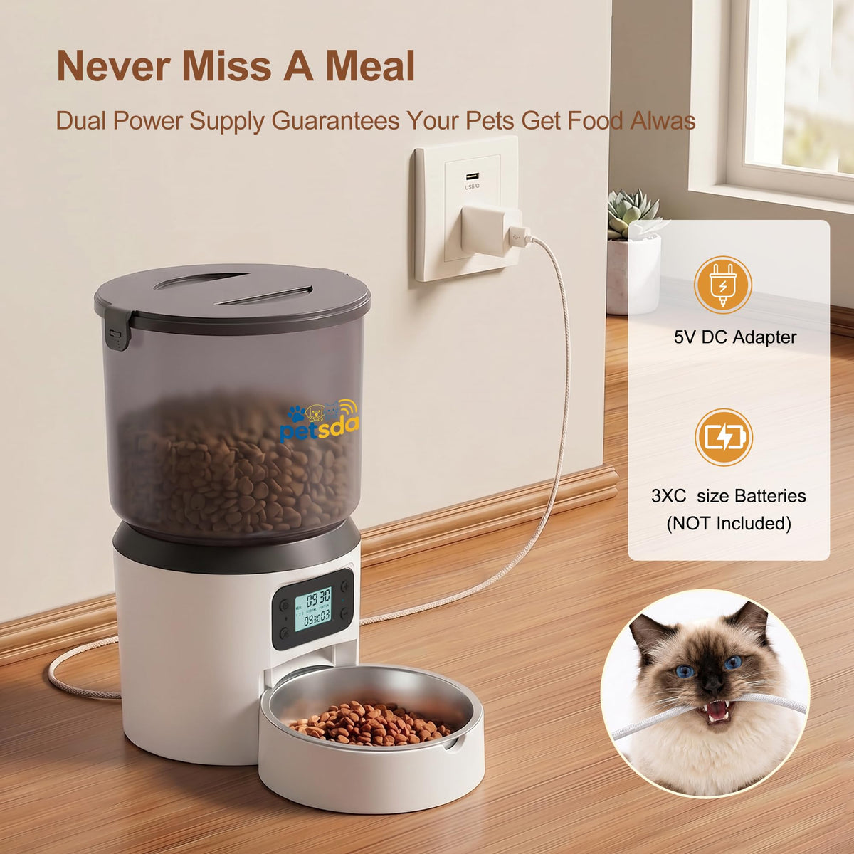 Automatic Cat Feeder 4L Timed Cat Dry Food Dispenser Auto Pet Feeder Portion Control up to 9 Meals/Day for Cats and Small Dogs Dual Power Supply, with Stainless Bowl Fresh Food, Easy Clean