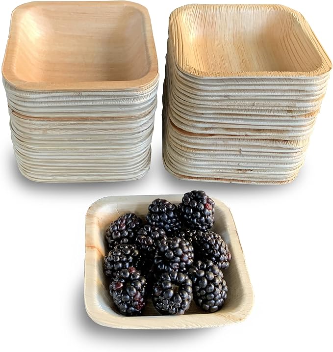 Raj Disposable Palm Leaf Bowls (50 Count, 4" Square Bowls) Strong Bowl Like Bamboo Party Bowl - Decorative Compostable Tableware for Lunch, Dinner, Birthday, Outdoor, BBQ, Picnic.