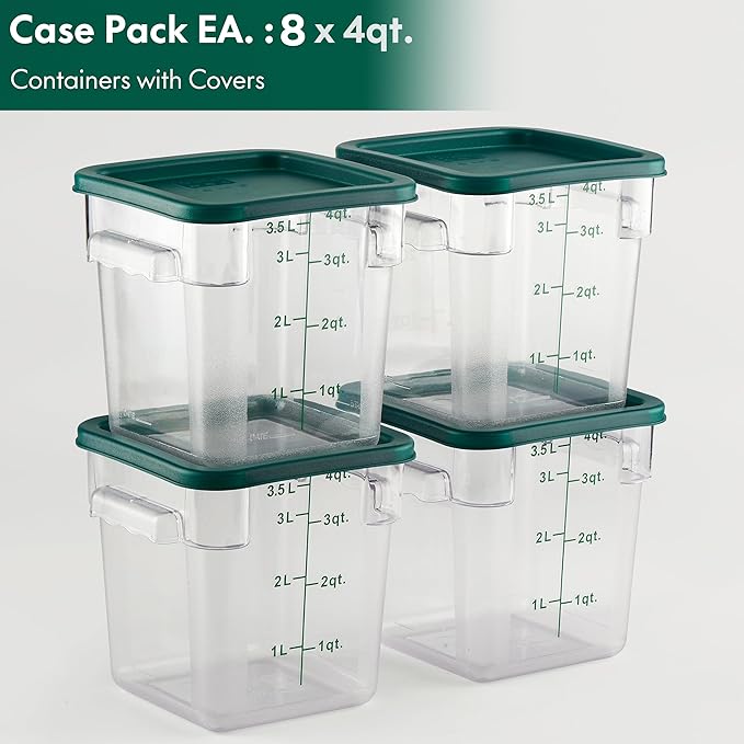 CURTA 8-Pack 4 Qt NSF Clear Polycarbonate Food Storage Containers with Green Lids - Square, Commercial-Grade, Freezer & Dishwasher Safe, Stackable