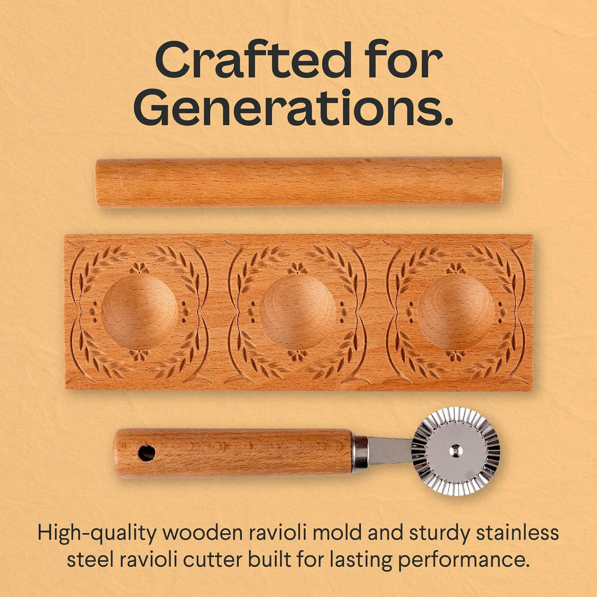 Cooking Gift Set Co. Artisanal Ravioli Maker Press, Wooden Ravioli Mold & Pasta Maker, Ravioli Press, Pasta Cutter Wheel, Ravioli Maker Tool, Guide Pasta Making Tools Set for Homemade Pasta (3 Piece)