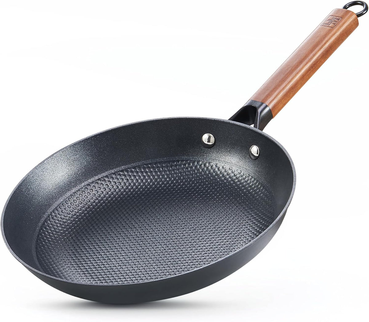 DM Cast Iron Skillet, 12 Inch Nonstick Frying Pan with Detachable Acacia Wooden Handle, Honeycomb Non stick Omelet Egg Pan, Easy Clean Oven Safe Pans for Cooking