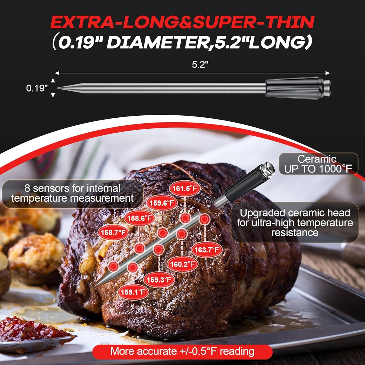 800FT Wireless Meat Thermometer Digital with 2 Upgraded Ultra-Thin Probe, Large Touchscreen, Kitchen Food Thermometer for Cooking Oven, Smoker, Rotisserie, BBQ(No App to Download)