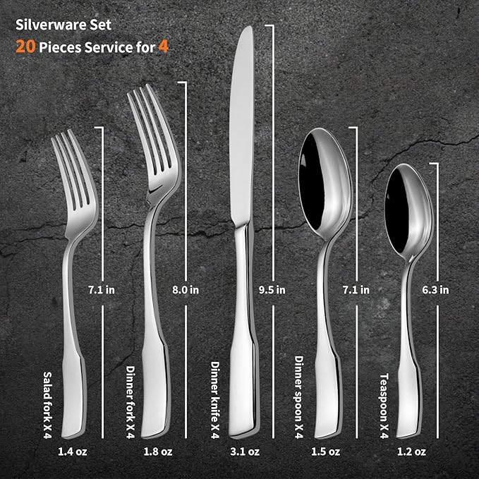 Alata Kate 20-Piece Silverware Set Stainless Steel Flatware Set,Service for 4,Mirror Polished Cutlery Set,Dishwasher Safe